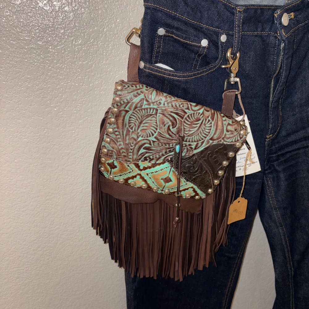 HIP BAG CO. Espresso Deerskin Fringe Hip/Crossbody Handmade Leaf Aztec Bag